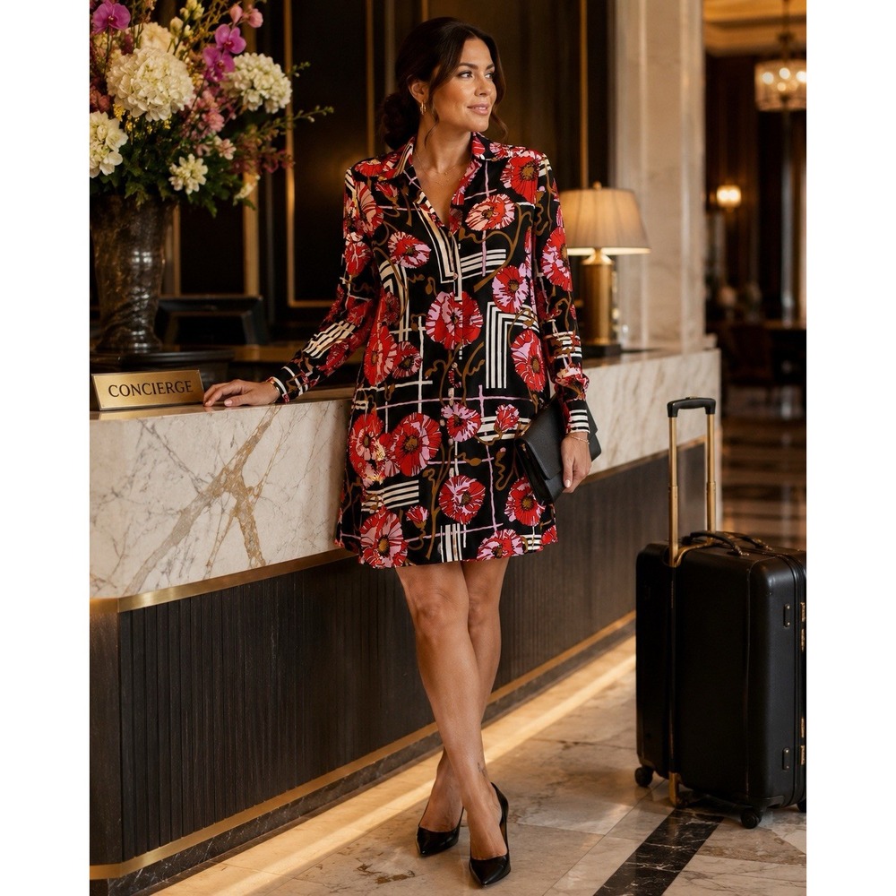 Trina Turk Los Angeles Floral Geometric Button Front Shirt Dress Made in USA